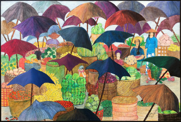 "Bangkok Market circa 1983"
- acrylic, india ink, colored pencil on canvas
-36”W X 24”H
- Original available $800
- Signed canvas and paper prints available on order Amy Richardson - Bangkok Market circa 1983