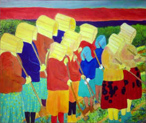 “Tohono O’odham women working the fields”
- Acrylic on canvas
- Original not available
- Signed canvas and paper prints available on order Amy Richardson - Tohono O’odham women working the fields